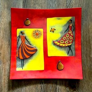 Lg Square Fused Art Glass Platter/Plate, 14” Width/Height. Red, Yellow, Orange.